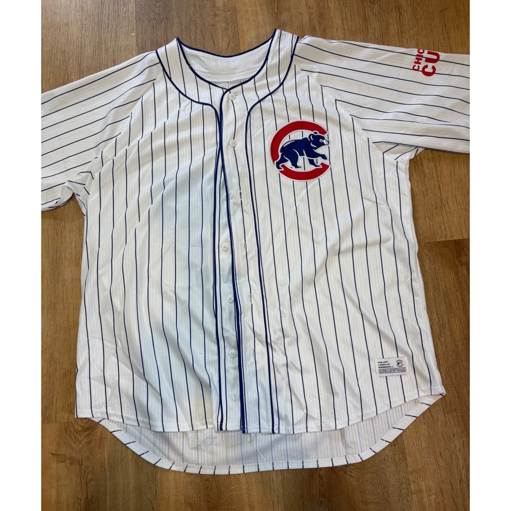 Majestic Chicago Cubs White Pinstripe Baseball Jersey with Blue and Red Logo